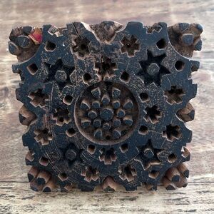 Antique Indian Hand-Carved Wooden Batik Stencil Block with handle